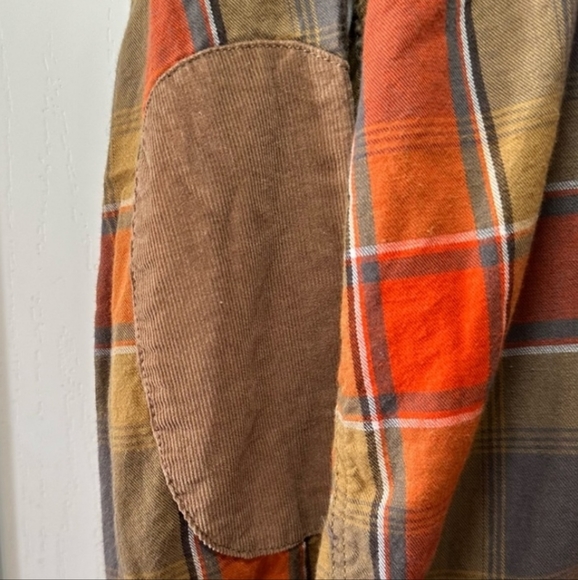 Carbon Men’s Orange/Tan Plaid Corduroy Elbow Long Sleeve Button Down Shirt-Large - Picture 6 of 7